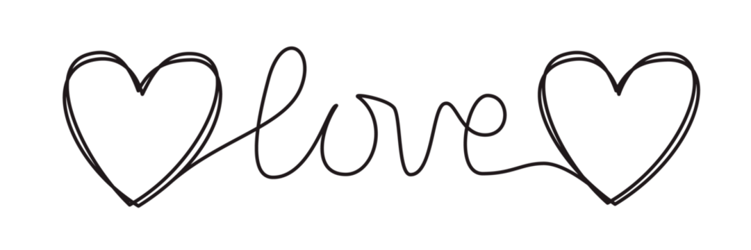 Doodle heart and word LOVE hand written with thin line, divider shape scribble style. Png clipart isolated on transparent background - Powered by Adobe
