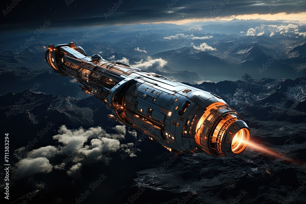 Poster large spaceship in space in orbit against the background of the earth, cinematic still, future conce