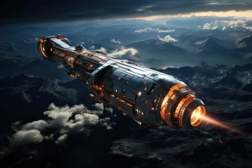 Fototapeten large spaceship in space in orbit against the background of the earth, Cinematic Still, Future concept, Generative AI © Анатолий Савицкий
