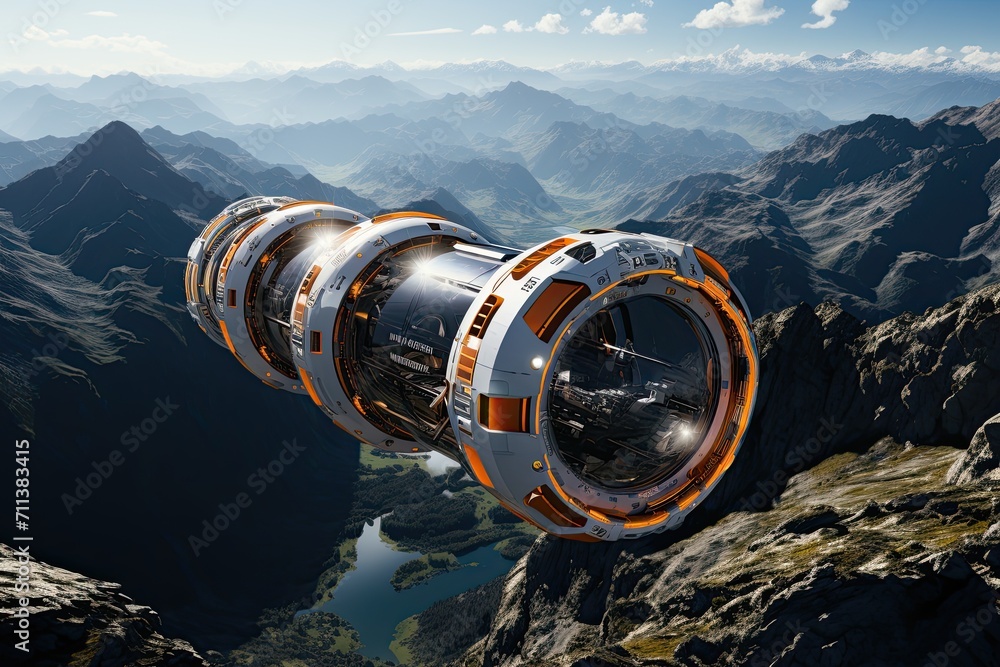 Aufkleber large spaceship in space in orbit against the background of the earth, cinematic still, future conce