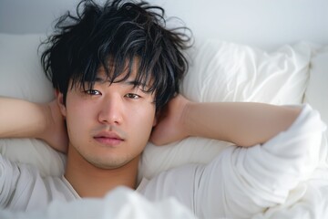 Obraz na płótnie Canvas ベッドで寝ている日本人男性のポートレート（睡眠・うたたね・寝る・快眠・休息）