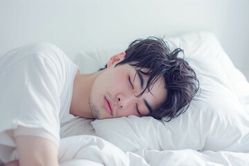 ベッドで寝ている日本人男性のポートレート（睡眠・うたたね・寝る・快眠・休息） - obrazy, fototapety, plakaty
