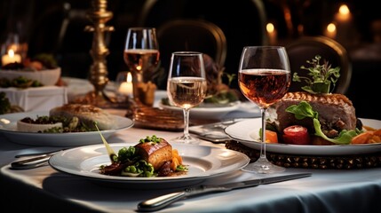 An elegant banner displaying an upscale dining setting, beautifully arranged tableware, and exquisite cuisine - Generative AI