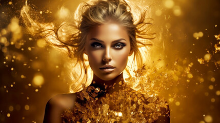 Fashion woman with beautiful makeup, in gold glittering dress on golden background. Beautiful woman with flowing hair. Prestigious, luxury and elegance atmosphere.