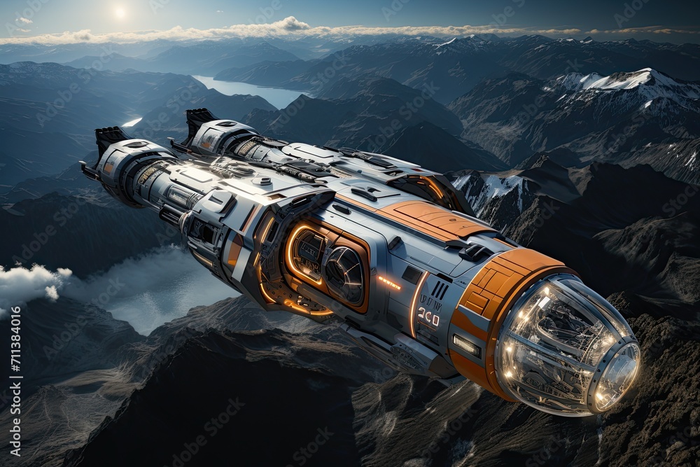 Aufkleber large spaceship in space in orbit against the background of the earth, cinematic still, future conce