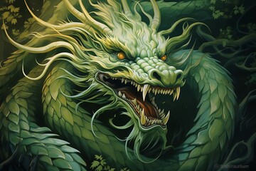 Angry chinese green dragon on dark background - 711384021