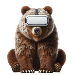 A rizzly bear illustration sitting with a virtual reality headset on, exploring a simulated environment, isolated on transparent background.