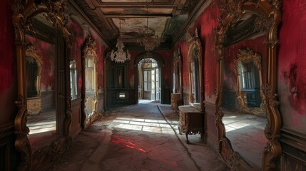 A deserted mansion's grand hall filled with antique mirrors, each reflecting distorted images of an unseen presence. Cinematic red undertones.