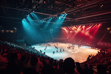 A view of the huge ice rink during an international hockey match from the stadium stands.