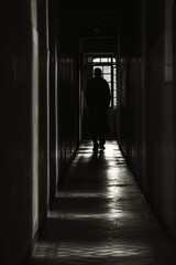 A dimly lit corridor with a solitary figure cloaked in shadows, their face obscured. Harsh contrasts reminiscent of film noir, inspired by the chiaroscuro technique.