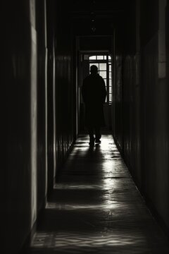 A dimly lit corridor with a solitary figure cloaked in shadows, their face obscured. Harsh contrasts reminiscent of film noir, inspired by the chiaroscuro technique.