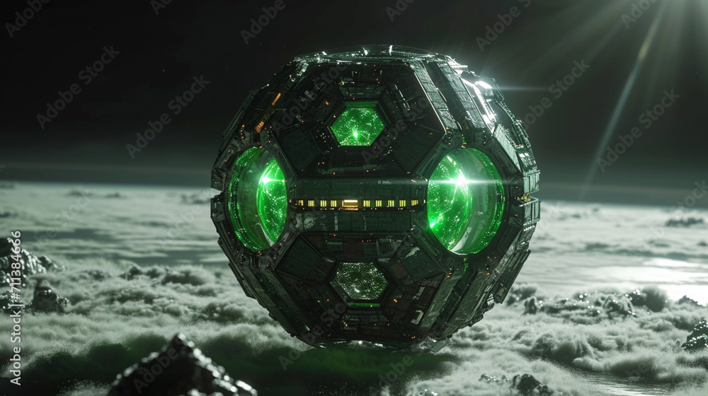 Aufkleber an octahedron planet with radiant green led edges orbiting a binary star system.