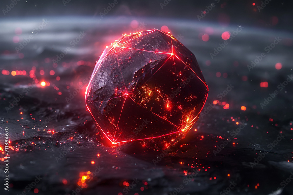 Poster a tetrahedron-shaped planet illuminated with red leds in a dark space background.