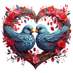 Two loving bird in a heart made of red flowers, Valentine's day, Generative AI