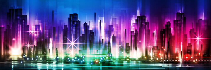 Urban vector cityscape at night. Skyline city silhouettes. City background with architecture, skyscrapers, megapolis, buildings, downtown.