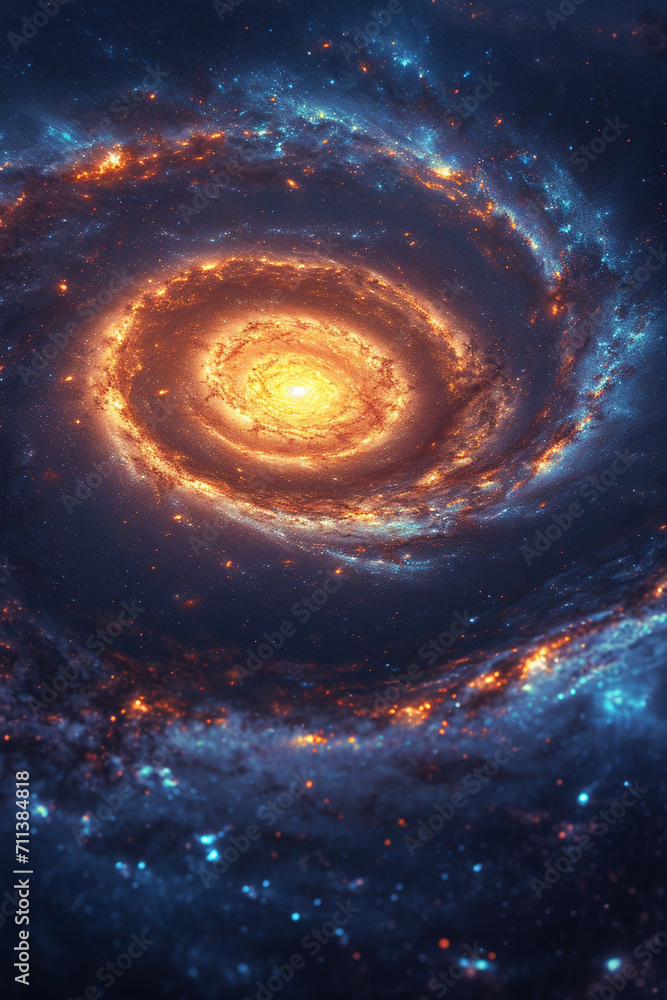 Poster a spiral galaxy with a central planet shaped like a helix with twinkling leds.