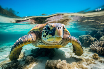 Close-up of a sea turtle swimming near the ocean floor, showcasing marine life and underwater biodiversity