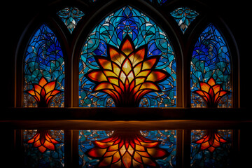 A vibrant stained glass window with a lotus flower design reflecting on a polished surface, conveying a sense of peace and spirituality