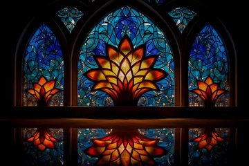 Papier Peint photo Lavable Coloré A vibrant stained glass window with a lotus flower design reflecting on a polished surface, conveying a sense of peace and spirituality