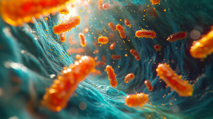 An abstract scene of antibiotics infiltrating a bacterial colony.