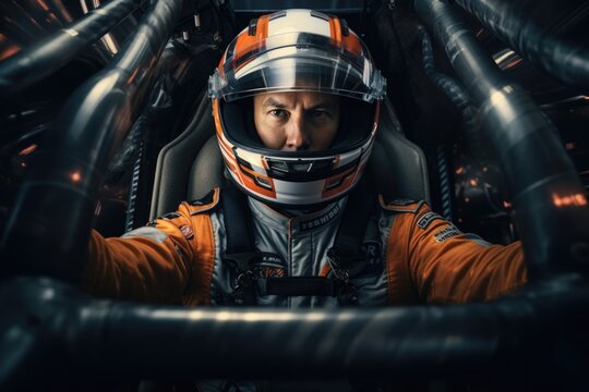 A man in a helmet is driving a car.Racing concept