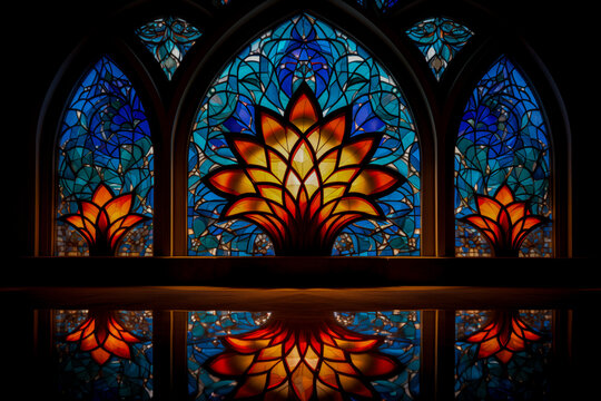 A vibrant stained glass window with a lotus flower design reflecting on a polished surface, conveying a sense of peace and spirituality