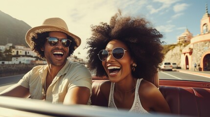 A cheerful African-American couple in glasses on a convertible travels the world - obrazy, fototapety, plakaty