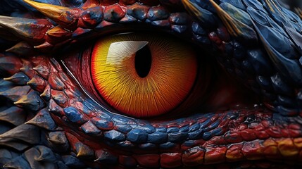 Close-up of Vibrant Dragon Eye. Detailed macro shot of a colorful dragon's eye, capturing the intricate textures and vivid colors.