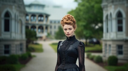 Victorian Era Woman in Traditional Attire old fashion dress. A poised young woman with vintage hairstyle and makeup, wearing an elegant Victorian dress, stands confidently outdoors.