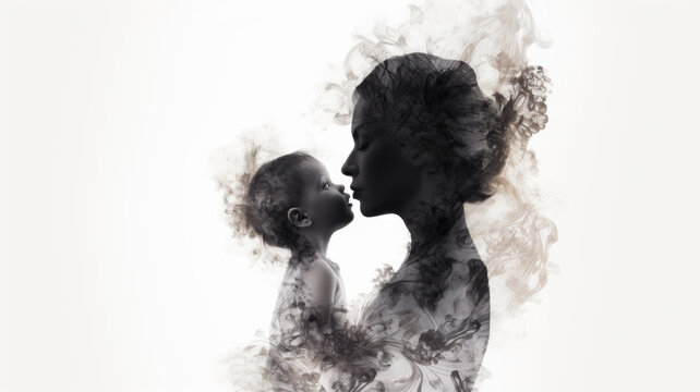 Embracing inner child. Artistic silhouette woman and child, symbolizing the concept of the inner child in delicate monochrome palette.