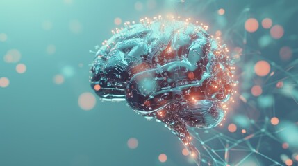 Artificial Intelligence Brain Concept Illustration. Digital brain representing artificial intelligence, with circuitry and glowing nodes, symbolizing intersection of technology and mental processes.