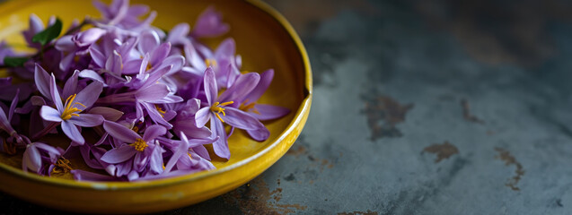 Obraz na płótnie Canvas Saffron Autumn Crocus violet Flowers in Yellow Bowl. Harvest Saffron Flowers and Make most expensive Saffron Spice