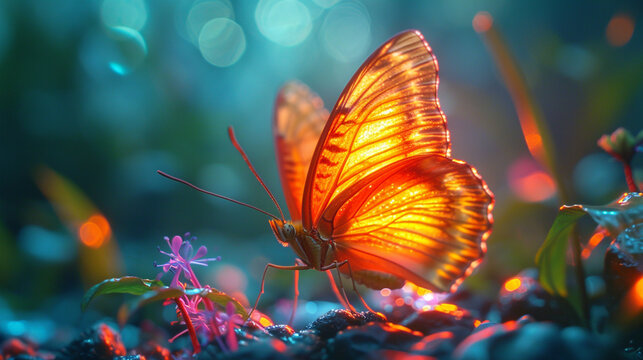A close-up of a butterfly with its wings flickering like flames.