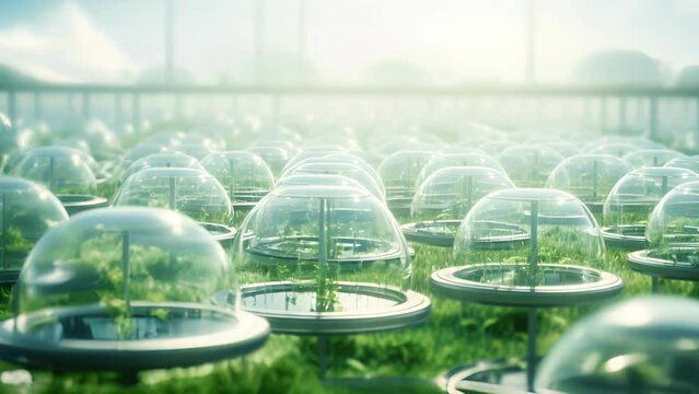 In a futuristic landscape, large glass domes house rows upon rows of embryo farming facilities, indicating the rapid advancement and widespread implementation of this technology.