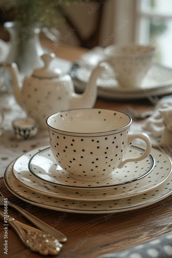 Poster a set of elegant dalmatian print dinnerware and table linens.