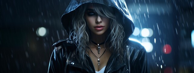 fashionable cyberpunk girl in a hooded jacket