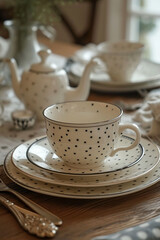 A set of elegant dalmatian print dinnerware and table linens.