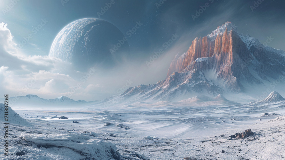 Poster a panoramic view of an alien planet with distinct geological features.