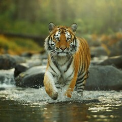 A tiger walking in water. Dangerous animal, river droplet. Feral cats in the natural habitat