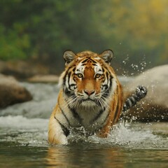 Fototapeta na wymiar A tiger walking in water. Dangerous animal, river droplet. Feral cats in the natural habitat