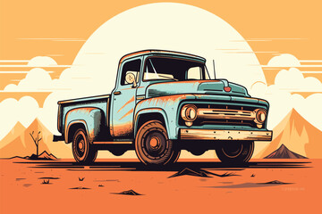 Old retro rusty american muscle pick up truck vector illustration - obrazy, fototapety, plakaty