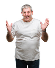 Handsome senior man over isolated background crazy and mad shouting and yelling with aggressive expression and arms raised. Frustration concept.