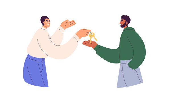 Real estate agent giving keys to new house owner. Seller, landlord, broker handing over rental apartment to man, home buyer. Property deal. Flat vector illustration isolated on white background