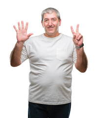 Handsome senior man over isolated background showing and pointing up with fingers number seven while smiling confident and happy.