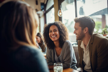 A group of friends hanging out in a cafe, or a restaurant, talking and laughing happily, enjoying their time together.