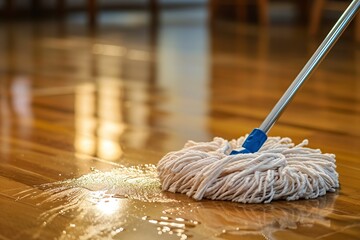 cleaning and disinfecting a vinyl floor with a mop - obrazy, fototapety, plakaty