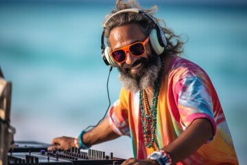 A cheerful DJ with glasses is playing at a beach party. Outdoor concert