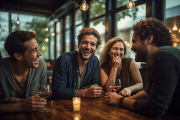 A group of friends hanging out in a cafe, or a restaurant, talking and laughing happily, enjoying their time together. - obrazy, fototapety, plakaty