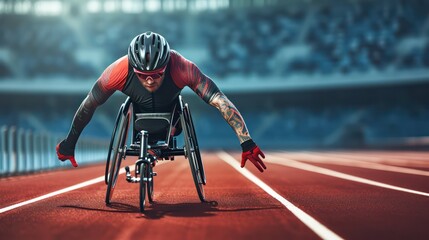 male athlete in wheelchair racing red track stadium in para athletics competition, summer sports games