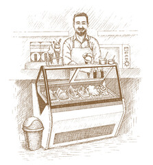 Ice cream stall with seller drawn by hand